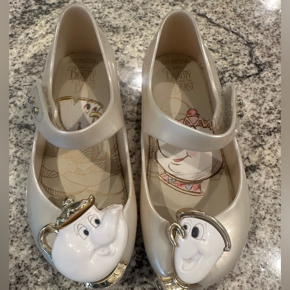 Girls Mini Melissa Limited Edition Disney Beauty and the Beast Gold Shoes Size 9